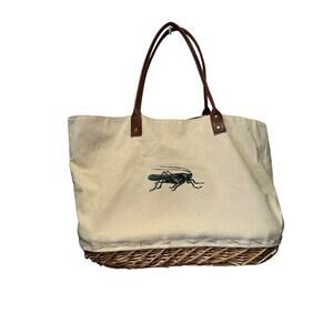 Two’s Company Flea Market Bag Woven Canvas Wicker Bottom Grasshopper Design